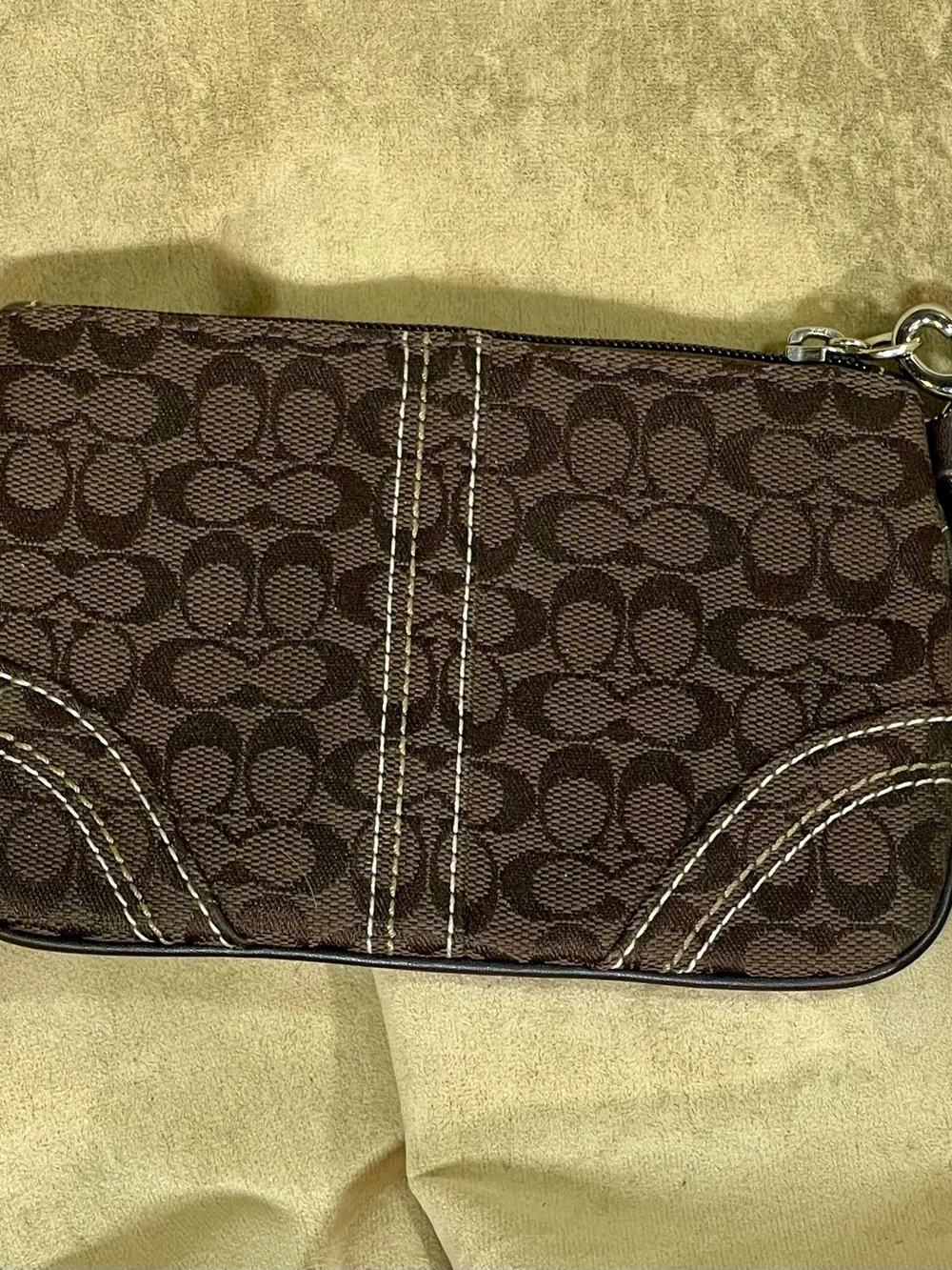 Coach Brown Signature Canvas Wristlet with Contrast Stitching